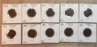 10 Different Indian Head Cents 1882-1903