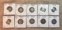 10 Different Silver Dimes 1899-1944