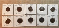 10 Different Indian Cents 1883-1909