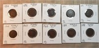 10 Different Indian Head Cents 1888-1909