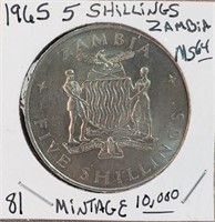 1965 Zambia 5 Schilling Mintage Only 10,000 MS64