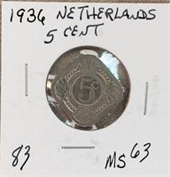 1936 5 Cent Netherlands MS63