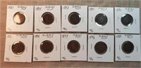 10 Different Indian Head Cents 1881-1898