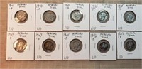10 Different Mercury Dimes 1929-1945