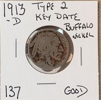 1913D Type 2 Buffalo Nickel KEY DATE G
