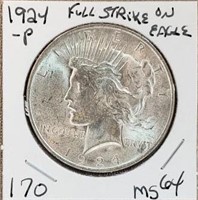 1924P Peace Dollar Full Strike on Eagle MS64