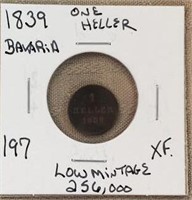 1839 Bavaria One Heller XF Mintage 256,000