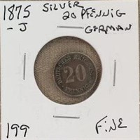 1875J Silver 20 Pfennig German F
