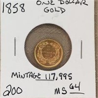 1858P $1.00 GOLD COIN Mintage 117,995 MS64