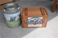 Dakin Farms wood box and small milk can
