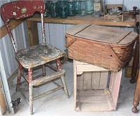 stool, picnic basket & wood crate