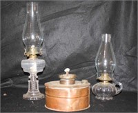 2 glass oil lamps and 1 copper oil lamp