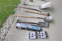 8 pieces - shovels, come-a-long door handles, fork