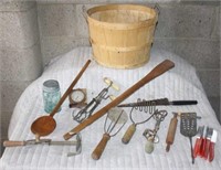 misc vintage kitchen utensils in wood basket