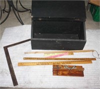 wood box, square and yard sticks
