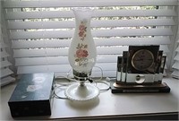 Bulova mantel clock, porcelain lamp & cigar box-E