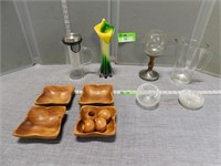 Glass pitchers, vase, wooden bowls and napkin ring