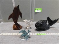 Wood, ceramic and stone Dolphin/fish figurines