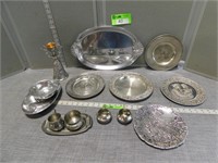 Pewter serving pieces, decorative plates, cream &