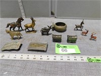Brass figurines, salt & pepper, belt buckles, smal
