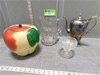 Cookie jar, glass pitcher, pedestal dish, coffee p