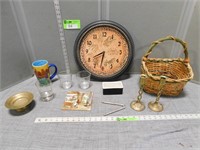 Battery operated clock, basket, drink glasses, can