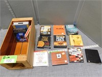 Audio books in a wooden crate