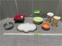 Relish tray, plastic bowls, ceramic plates, travel