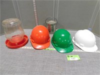 3 Hardhats, metal can and a waterer (glass, marked