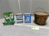Metal Kool cigarette display, antique Dri-Kil pail