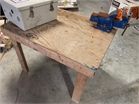 SMALL WOOD TABLE WITH BLUE VISE