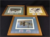 Lot of 3 Framed Duck Prints w/ Stamps Including