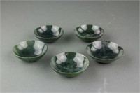 Set of Five Chinese Small Hetian Green Jade Cups