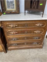 ANTIQUE OAK DRESSER WITH MARBLE TOP  ORNATE WOOD