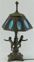 Brass table lamp with blue dyed glass