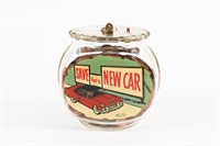 RARE SAVE FOR A NEW CAR GLASS COIN BANK /FULL/LOCK