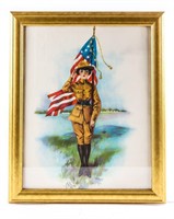 Framed Lithograph Uniform Soldier Holding US Flag