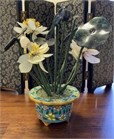 Oriental Stone Floral Arrangement Cloisonné Pot