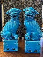Vintage Pair of Foo Dogs Lions Turquoise Ceramic