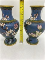 Vintage Pair Chinese Blue Cloisonne Enamel Vase