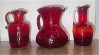 Lot of 3 Ruby Red Crackle Glass Pitchers