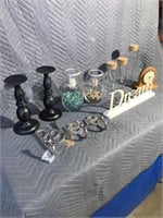 Candle holders, mantle clock, jars etc1a