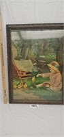Large Antique Picture. Girl Feeding Chicks
