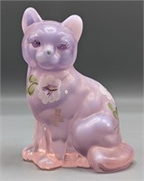 Fenton Signed Hand Painted Pink Glass Cat Figurine