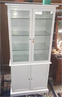 White 4-door glass shelf cabinet, 6 ft x 34"