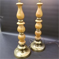 Very Nice & Heavy 34" Tall Brass & Wood Lamps