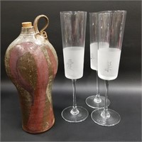 Hand Thrown Signed Wine Jug & 3 Frosted Flutes