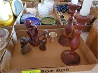TRAY OF WOOD CARVED, CANDLE HOLDERS, FIGURINES
