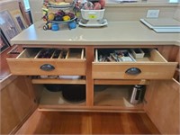 GROUP IN CABINET- UTENSILS, KNIVES, PLATES, MISC