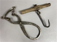 Vintage Hay Hook & Cast Iron Ice Tongs